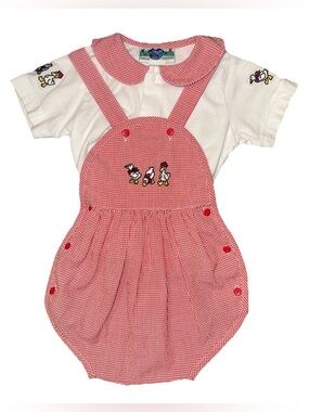 VTG 2 Piece Bubble Romper Collared Shirt Set 18 M Red Gingham Embroidered Ducks